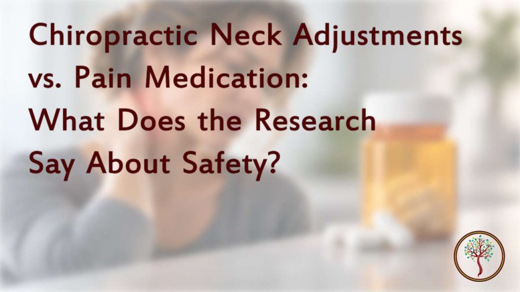 Woman rubbing neck in pain looking at bottle of Ibuprophen.